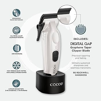COCCO Hyper Veloce Pro Clipper with Digital Gap Graphene Blade Edger High-Torque Brushless BLDC Motor Cordless All-Metal Design Lithium-Ion Battery Charging Base Included
