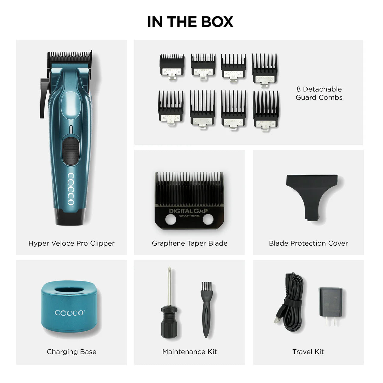 COCCO Hyper Veloce Pro Clipper with Digital Gap Graphene Blade Edger High-Torque Brushless BLDC Motor Cordless All-Metal Design Lithium-Ion Battery Charging Base Included