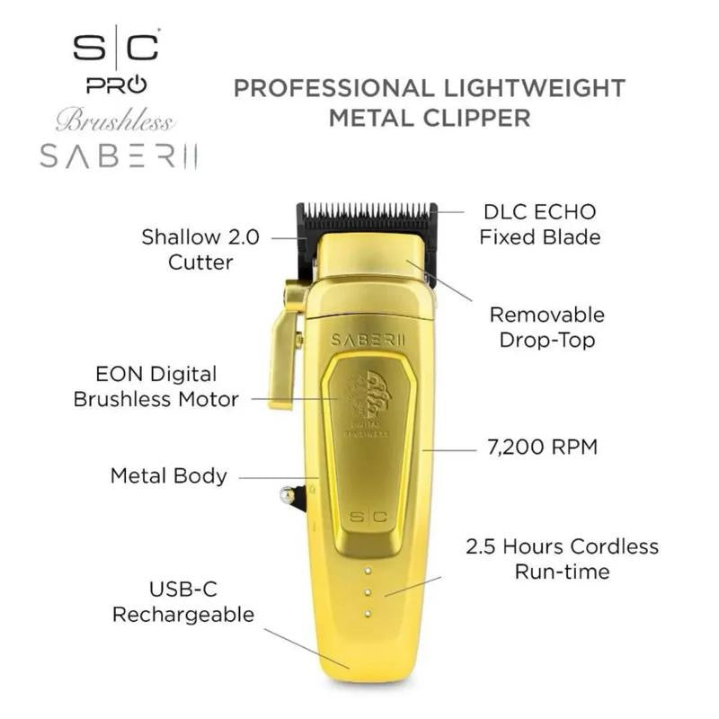 StyleCraft SABER 2 Gold Cordless Hair Clipper with EON Digital Brushless Motor 7200 RPM & DLC Echo Fixed Blade for Precision Cutting