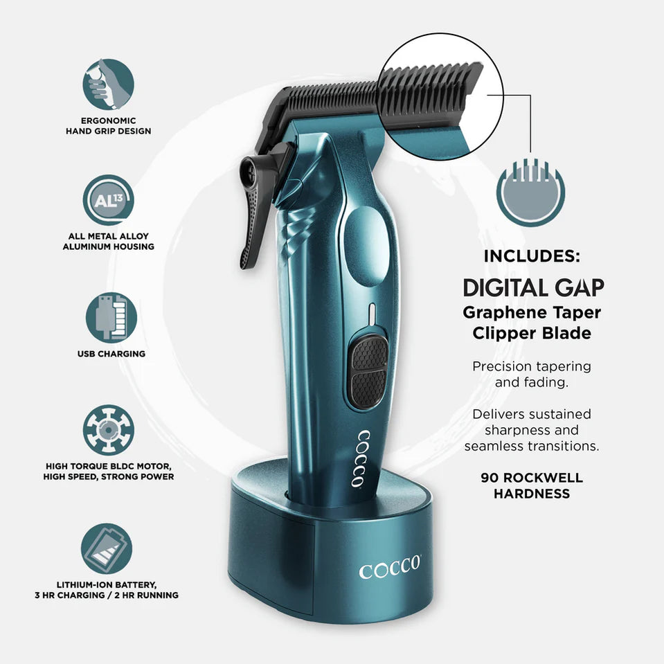 COCCO Hyper Veloce Pro Clipper with Digital Gap Graphene Blade Edger High-Torque Brushless BLDC Motor Cordless All-Metal Design Lithium-Ion Battery Charging Base Included