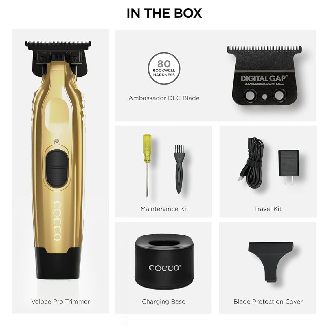 COCCO Veloce Pro Trimmer GOLD, Digital Gap Ambassador DLC Blade Edger, High-Torque Brushless BLDC Motor, Cordless, All-Metal Design, Lithium-Ion Battery, Charging Base Included, Gold