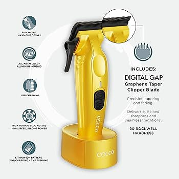 COCCO Hyper Veloce Pro Clipper with Digital Gap Graphene Blade Edger High-Torque Brushless BLDC Motor Cordless All-Metal Design Lithium-Ion Battery Charging Base Included
