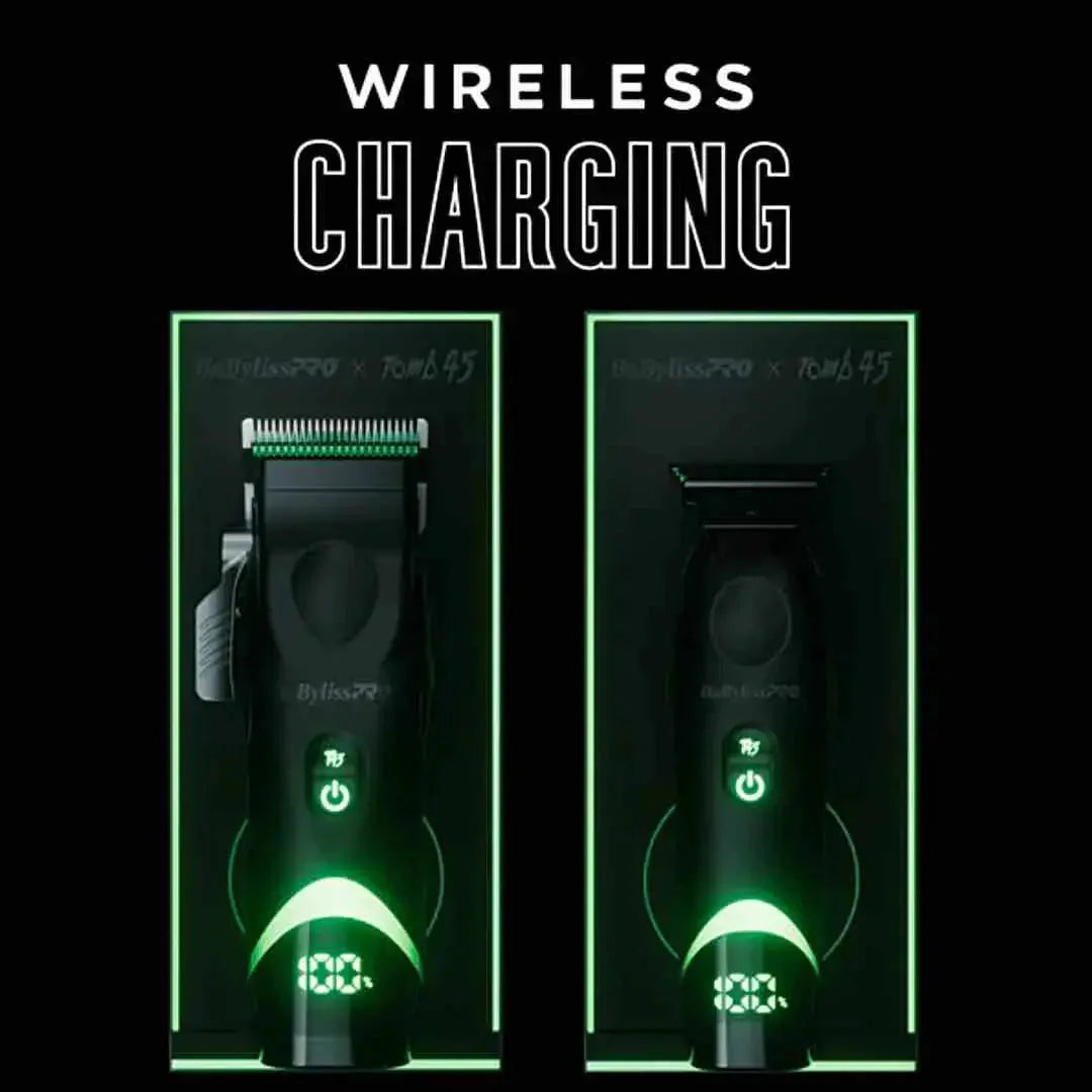 BabylissPRO x Tomb45 Wireless-Charging Clipper with Black Titanium MIM Fade Blade, 5-Position Taper Lever, Dual Batteries, Dual-Speed Motor, Ergonomic Grip, 6 Precision Combs, 2-Year Warranty