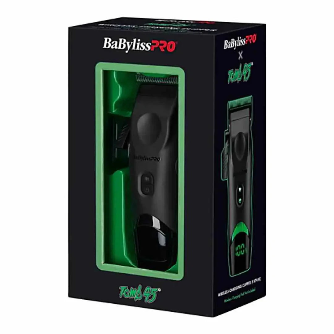 BabylissPRO x Tomb45 Wireless-Charging Clipper with Black Titanium MIM Fade Blade, 5-Position Taper Lever, Dual Batteries, Dual-Speed Motor, Ergonomic Grip, 6 Precision Combs, 2-Year Warranty