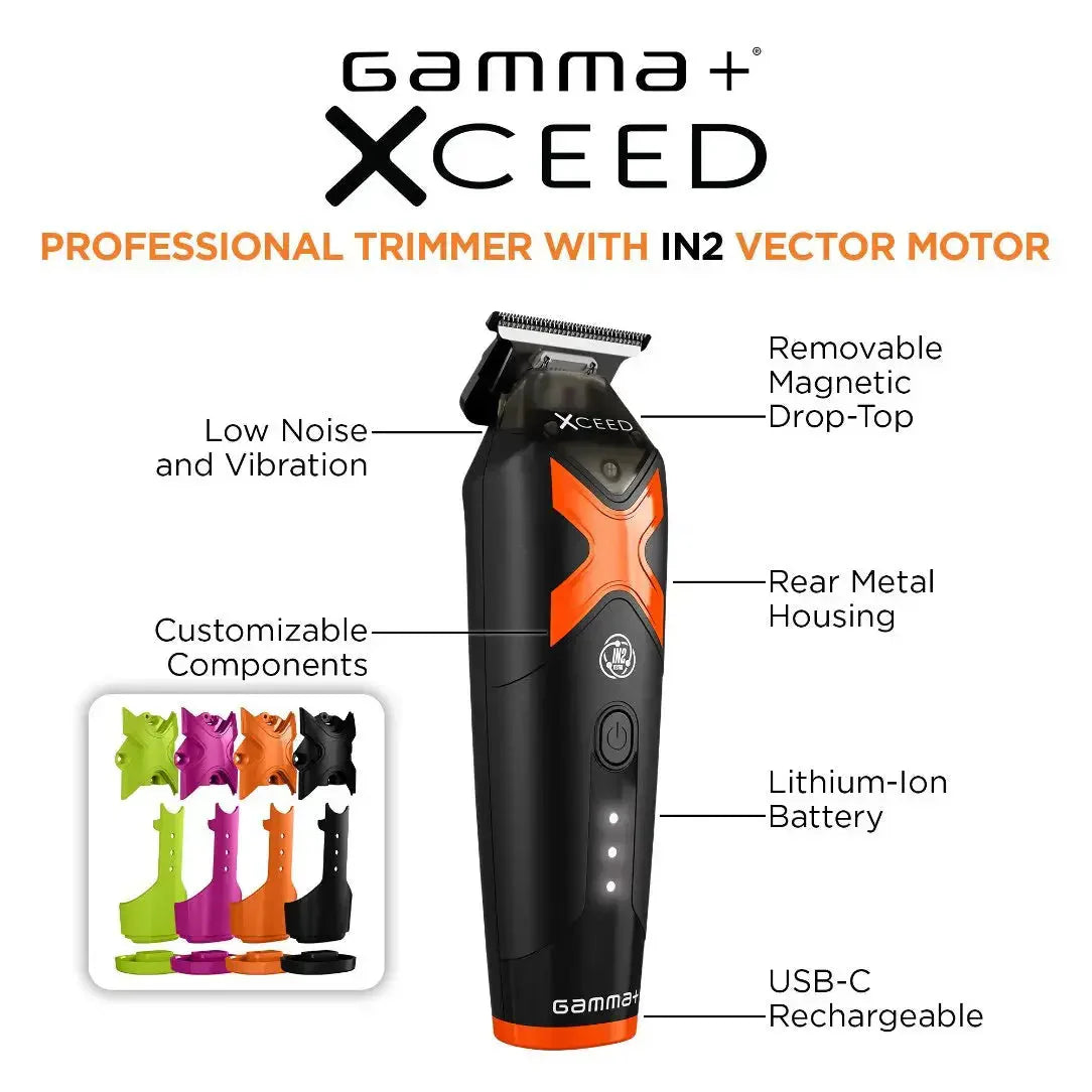 Gamma+ XCeed Professional Hair Trimmer with IN2 Vector Motor, X-Pro Black Diamond Blade, USB-C Rechargeable, 180 Min Runtime, Interchangeable Covers & Magnetic Drop-Top