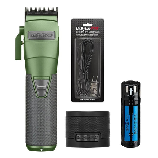 BaBylissPRO FXONE Limited Edition Matte Green All‑Metal Clipper + FXONE Battery, Charging Base & Cord