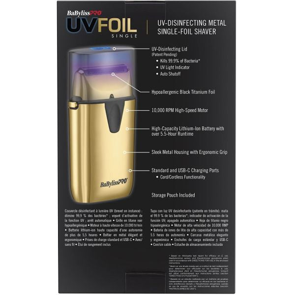 BaBylissPRO UVFOIL UV-Disinfecting Metal Single Foil Shaver – Gold (FXLFS1G)