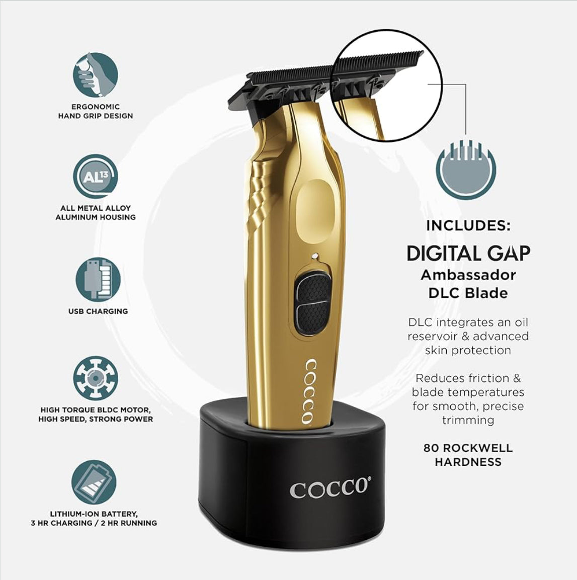 COCCO Veloce Pro Trimmer GOLD, Digital Gap Ambassador DLC Blade Edger, High-Torque Brushless BLDC Motor, Cordless, All-Metal Design, Lithium-Ion Battery, Charging Base Included, Gold