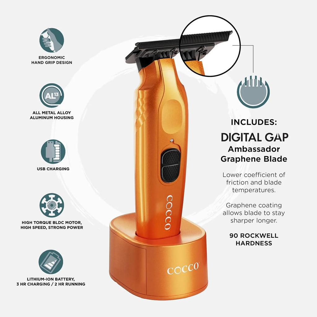 Cocco Hyper Veloce Pro Trimmer with Digital Gap Graphene Blade Edger High-Torque Brushless BLDC Motor Cordless All-Metal Design Lithium-Ion Battery Charging Base Included
