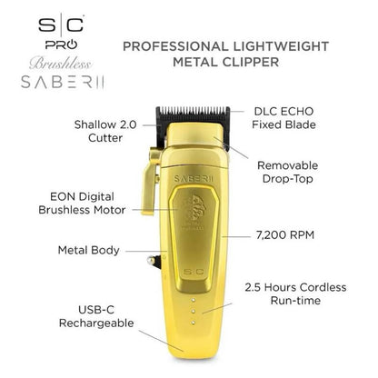 StyleCraft SABER 2 Gold Cordless Hair Clipper with EON Digital Brushless Motor 7200 RPM & DLC Echo Fixed Blade for Precision Cutting