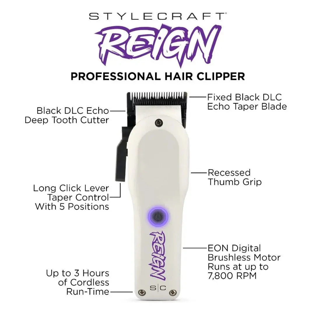 StyleCraft REIGN Professional Hair Clipper with EON Digital Brushless Motor, 7,800+ RPM, ECHO Taper Blade