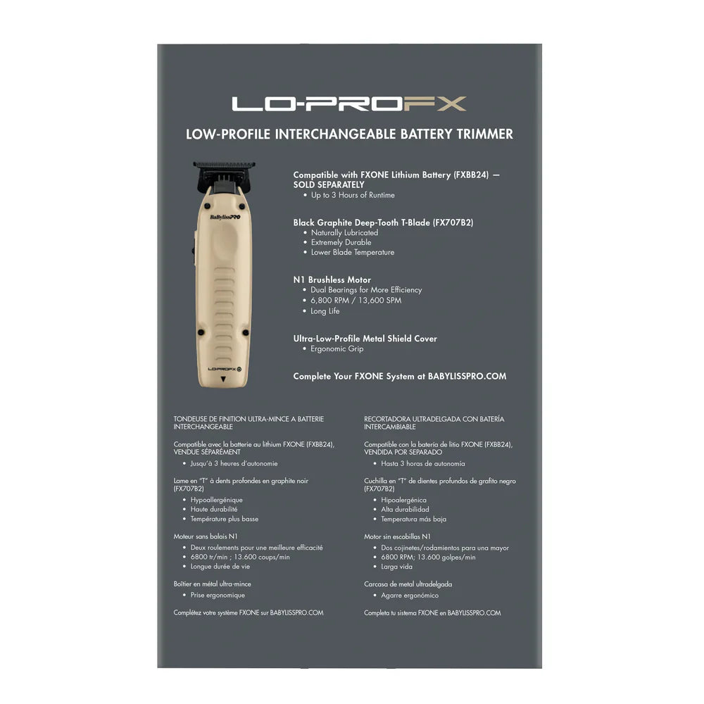 Packaging box back for BaBylissPRO FXONE Lo-ProFX Limited Edition Sand Interchangeable Battery Trimmer (FX729SDLT), tool only