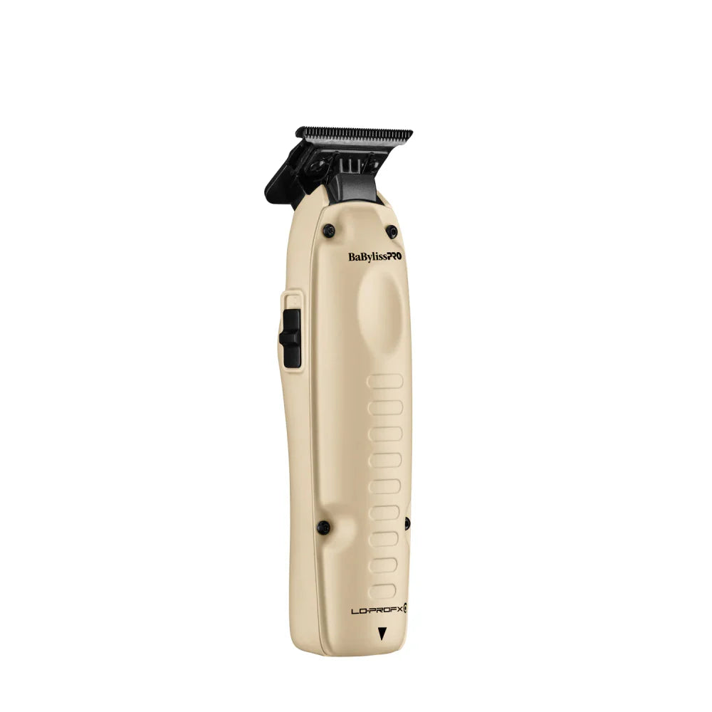 Angled view of BaBylissPRO FXONE Lo-ProFX Sand Interchangeable Battery Trimmer (FX729SDLT), ergonomic grip