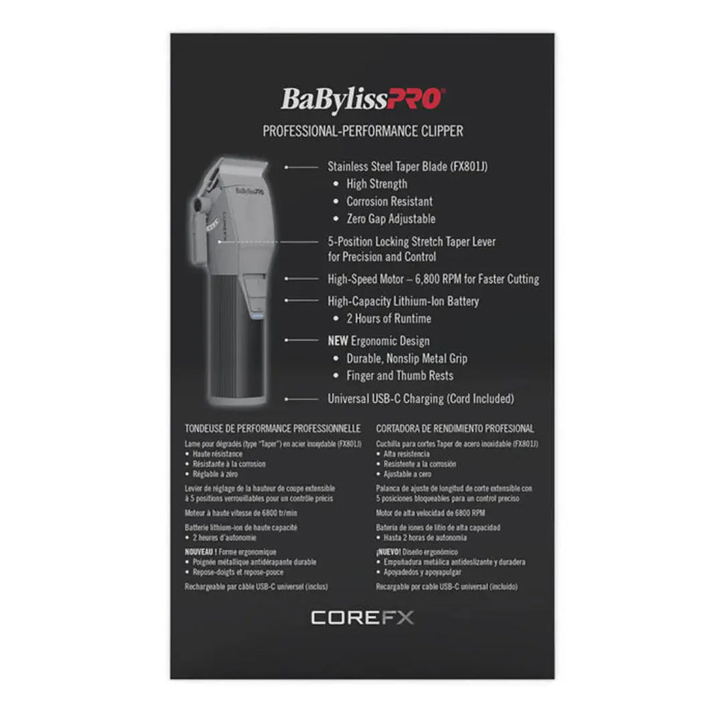 BaBylissPRO COREFX Clipper – 6,800 RPM, USB-C, 2-Hour Runtime, Cordless