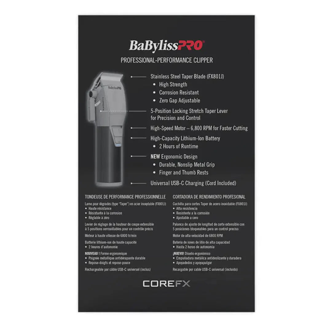 BaBylissPRO COREFX Clipper – 6,800 RPM, USB-C, 2-Hour Runtime, Cordless