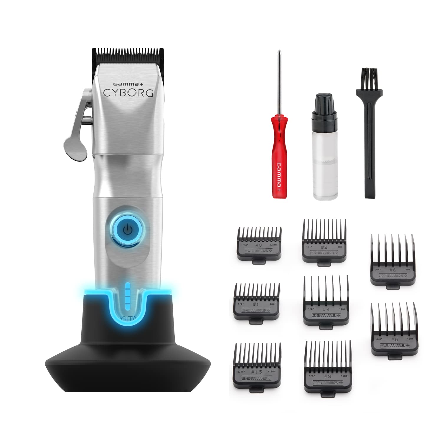 Gamma+ Cyborg Cordless Clipper w/ Digital Brushless Motor (GP604M) front of clipper Full set kit 