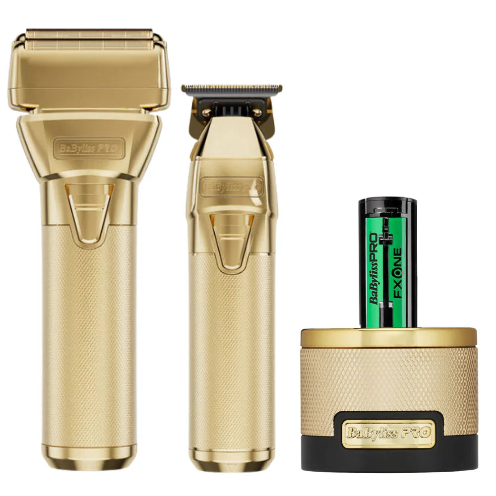 Set of gold BaByLissPRO electric shaver, trimmer, and battery pack on a white background