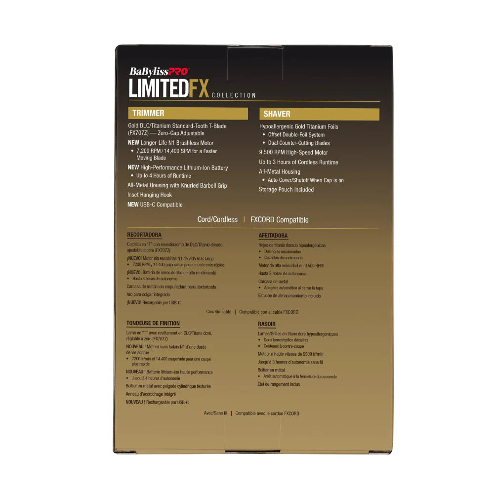 BabylissPRO LimitedFX gold trimmer and foil shaver gift set packaging back