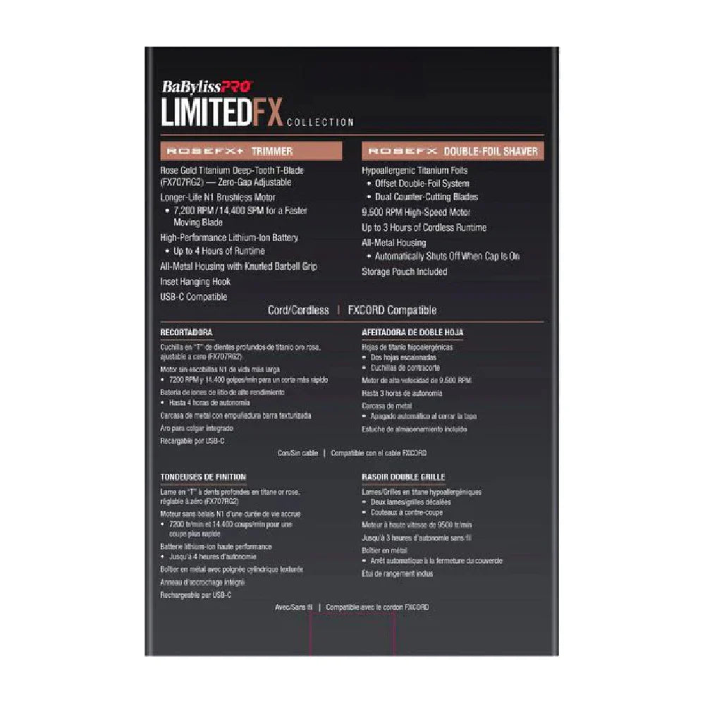 Product packaging for BaBylissPRO Limited FX Collection with feature list on a black BabylissPRO LimitedFX rose gold trimmer and foil shaver gift set packaging white background