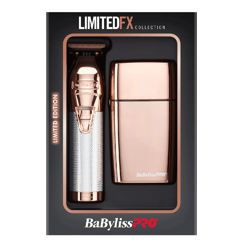 BabylissPRO LimitedFX rose gold trimmer and foil shaver gift set packaging front