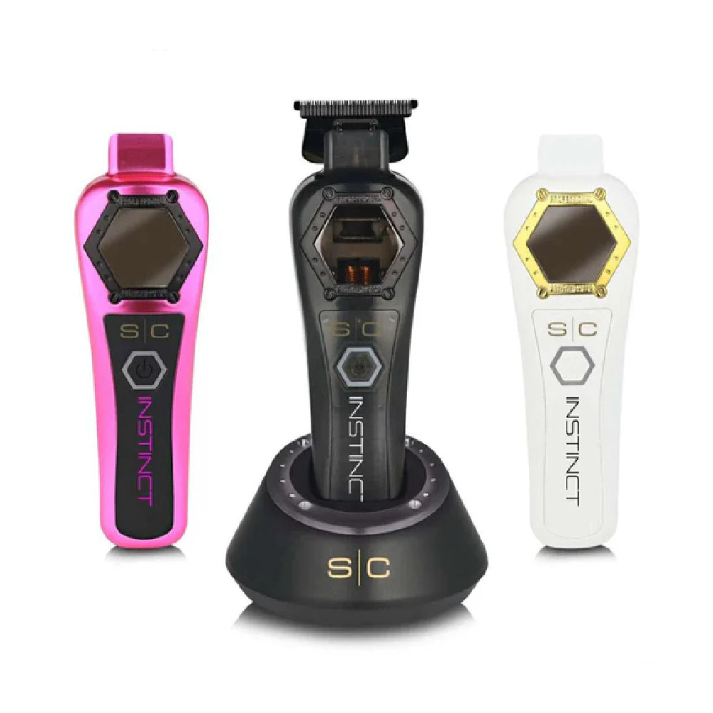 Stylecraft Instinct Metal Edition cordless trimmer set with charging stand on white background